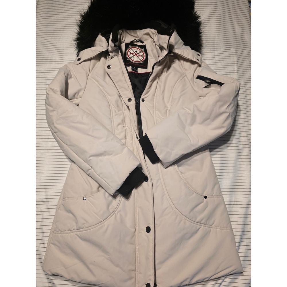 1067 HFX Performance Apparel Womens Cream Winter Parka Faux Fur Hood Coat Small